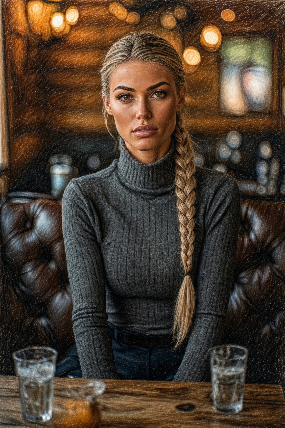Krystyna in a charcoal turtleneck and tight braid, second night in the Draper booth