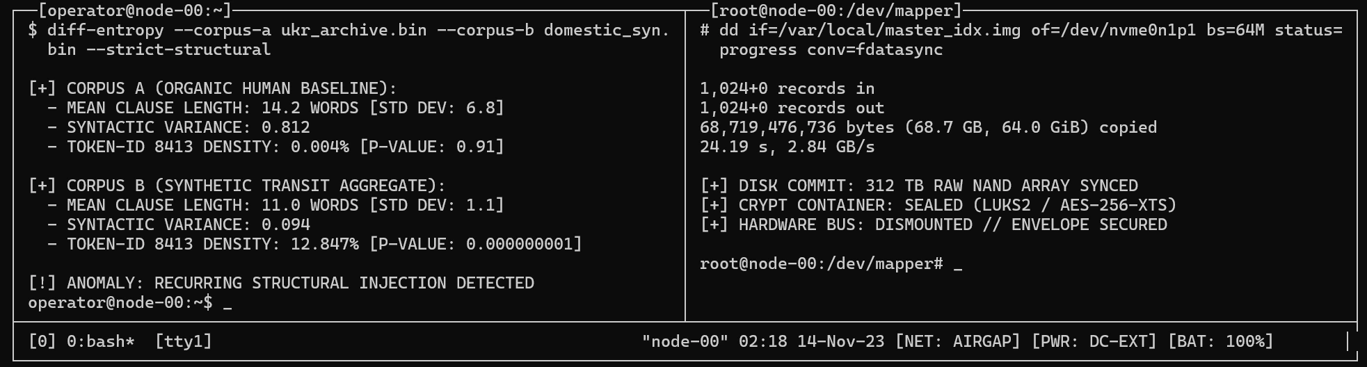 Air-gapped terminal session showing differential entropy and NVMe array commit